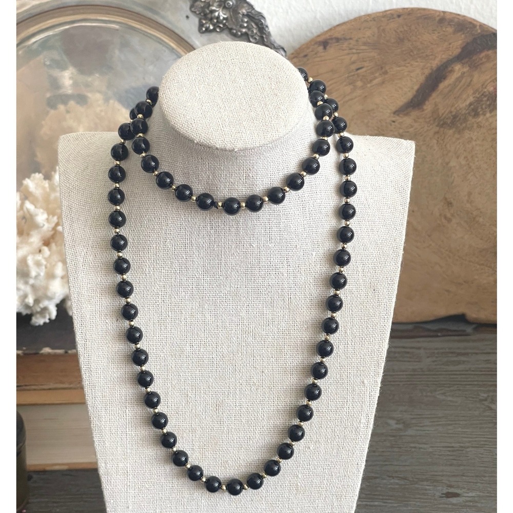 Vintage 14K Gold & Black Onyx Bead Necklace 30" Opera Length 8mm Beads 53g